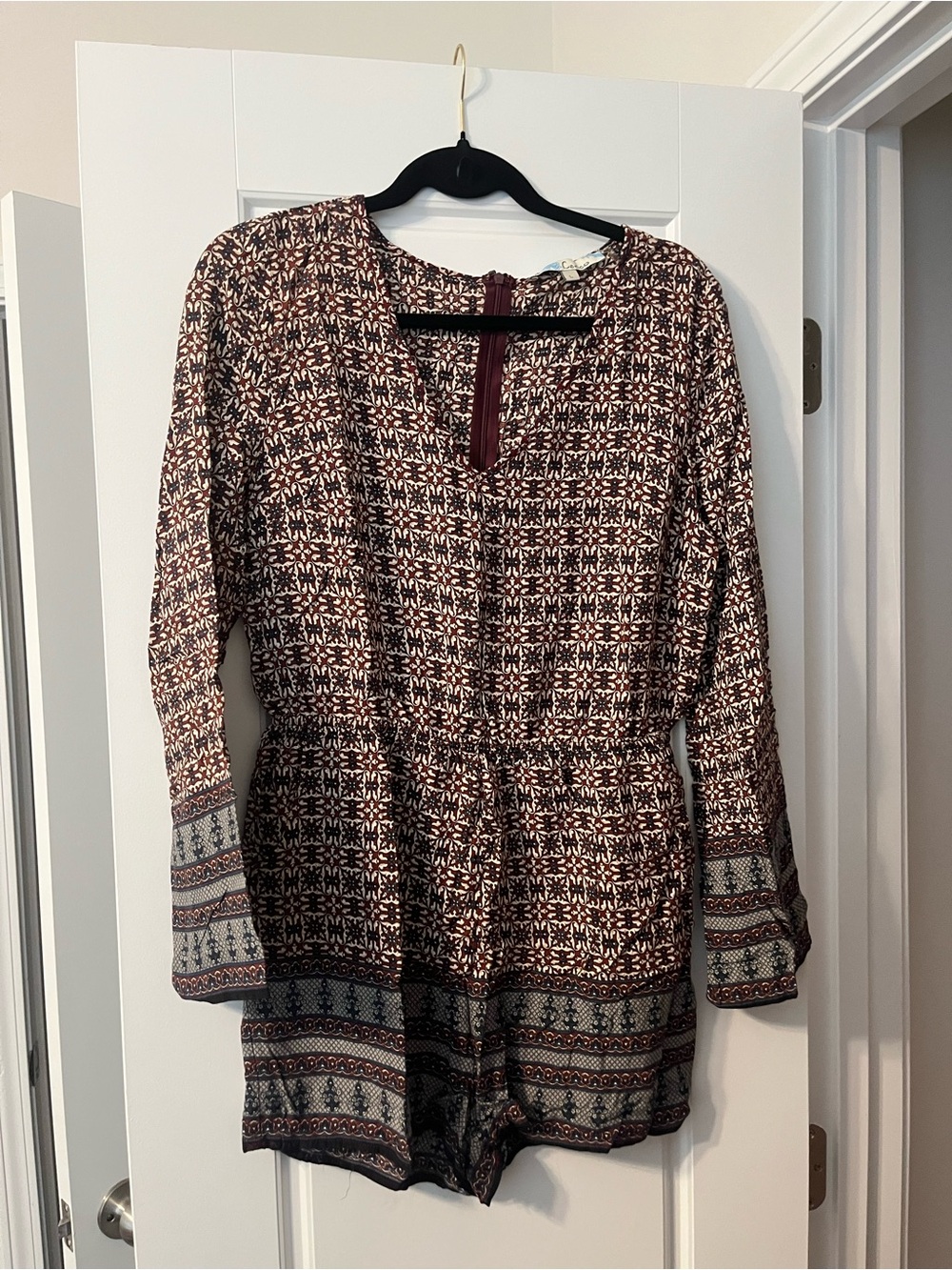 Cecico Burgundy and Cream Printed Long-Sleeve Romper